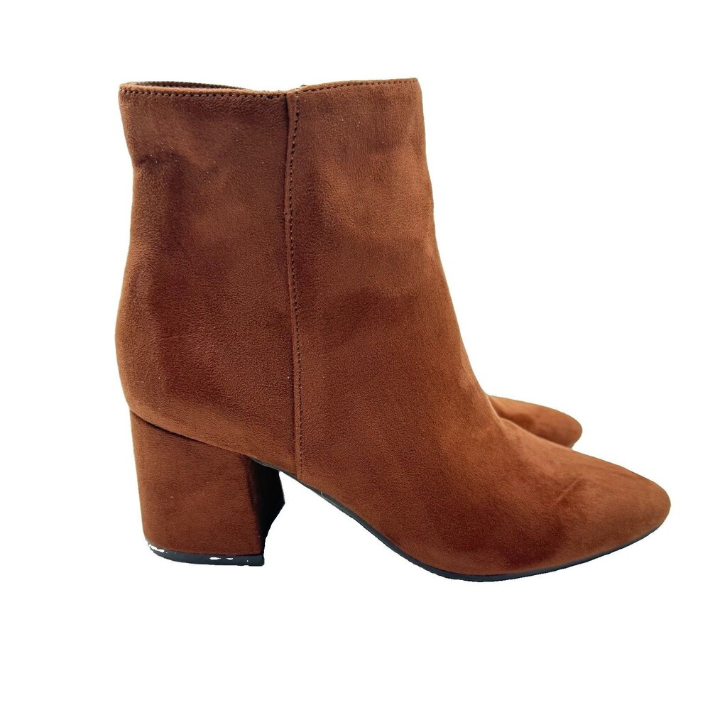 NEW Bamboo Faux Suede Ankle Booties Size 7.5 Cognac Brown Block Heel Side Zip